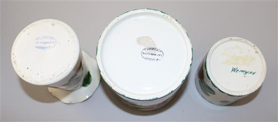 A Wemyss preserve pot and cover, a similar vase and a cylindrical pot, early 20th century, 12cm, preserve cover with restorations